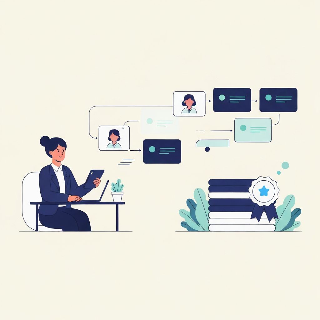 Editorial illustration of a coordinator at a desk reviewing simplified student evidence cards as they move through a clean review path and land in a tidy ready stack.