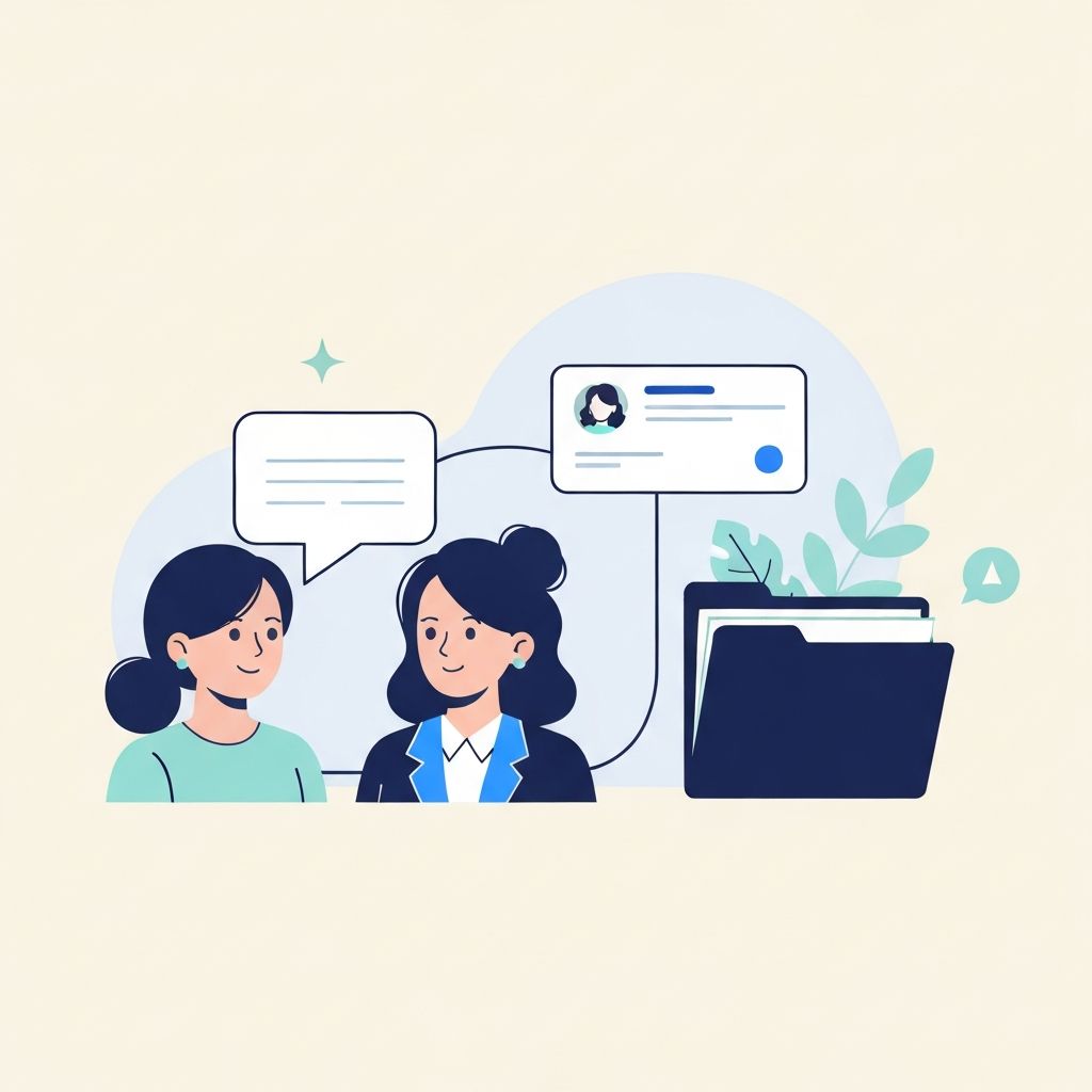 Editorial illustration of NCCD consultation shown as connected school and family evidence records, with simplified speech bubbles, meeting cards, and a shared evidence folder.